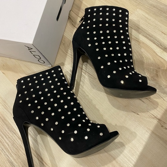 Black Aldo Suede Open Toe Bottie Embellished With Crystal Like Details Size 6 - Picture 3 of 8